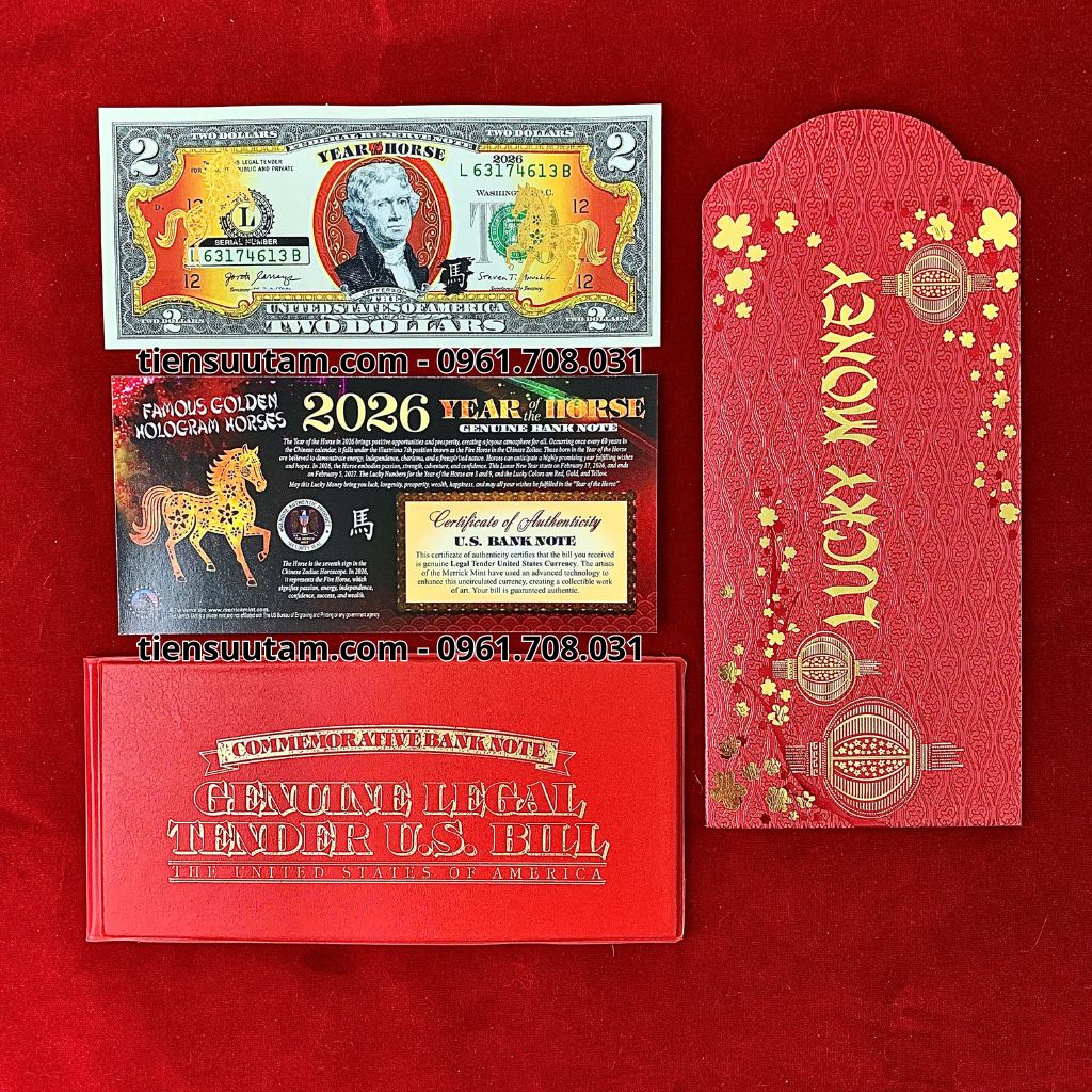 Tiền 2 USD Hình Con Ngựa Mạ Vàng 2026 In Màu