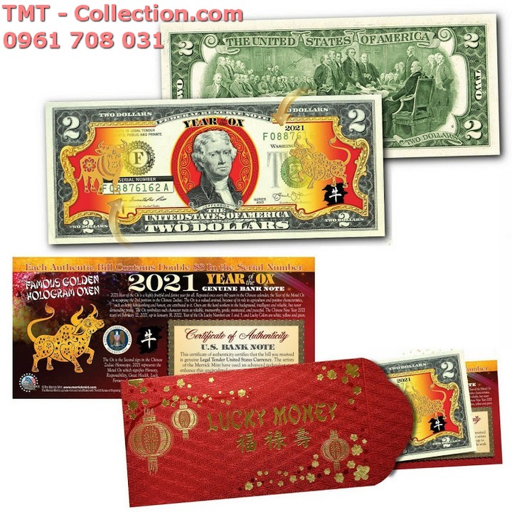 Tiền 2 USD Con Trâu Mạ Vàng - TMT Collection.com