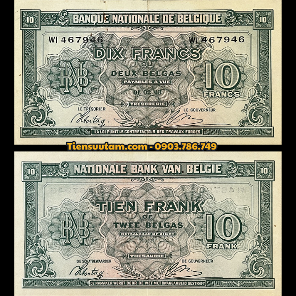 Belgium-Bỉ 10 Frances 1 Belga 1943 XF