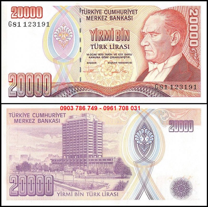 Tiền sưu tầm Turkey 20.000 Lira 1970 UNC