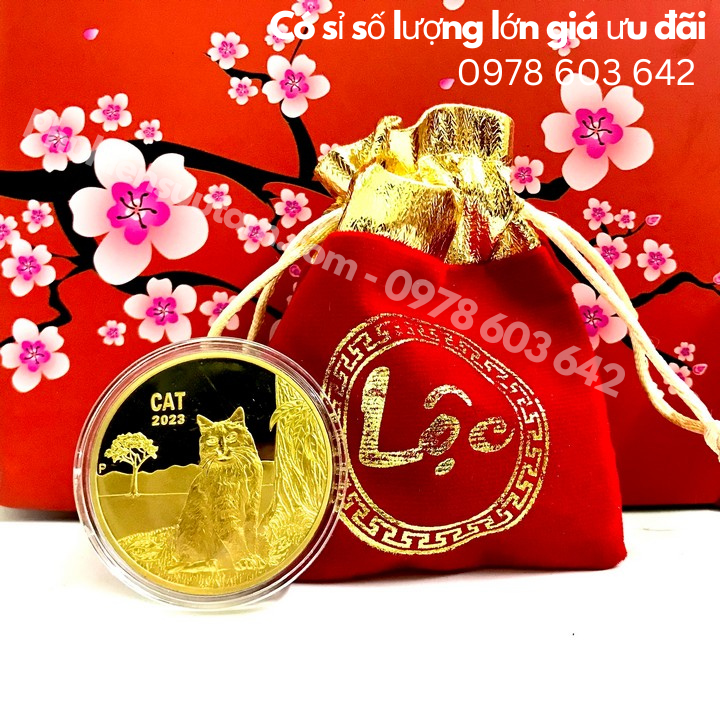 Xu Úc Hình Con Mèo Mạ Vàng tặng túi gấm Lộc - Phukiensuutam.com