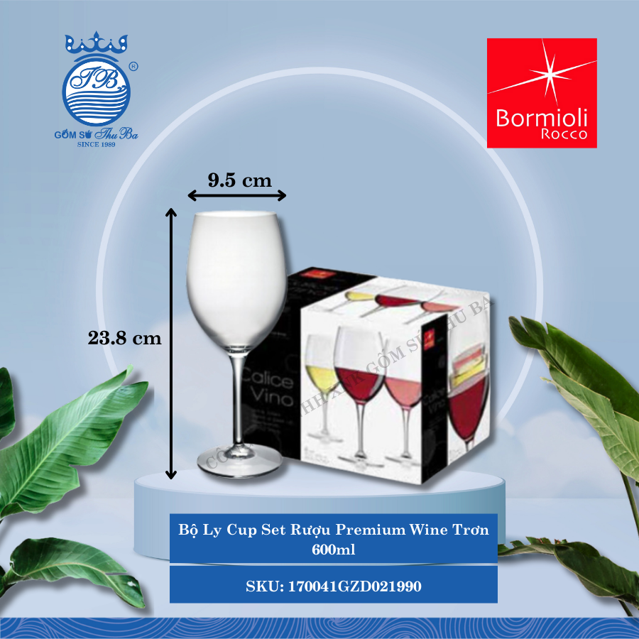 Premium Wine bộ 6 ly rượu thủy tinh 60 CL ØMiệng: 9.5cm 600ml Cao: 23.8cm 6 Cái/Hộp Bormioli Rocco Thủy Tinh 170041GZD021990