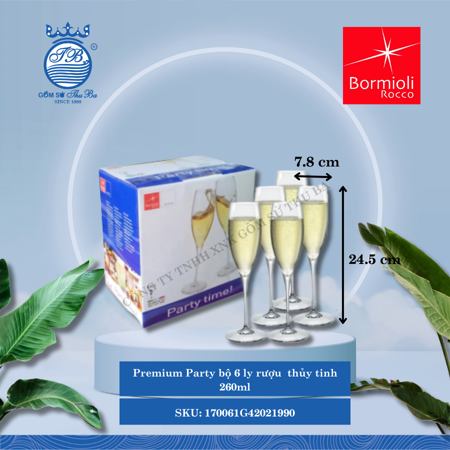 Premium Party bộ 6 ly rượu thủy tinh 26 CL ØMiệng: 7.8cm 260ml Cao: 24.5cm 6 Cái/Hộp Bormioli Rocco Thủy Tinh 170061G42021990