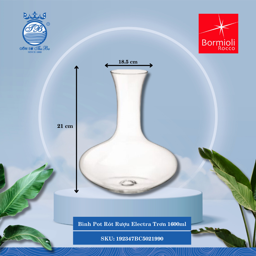 Electra bình rót rượu thủy tinh 1,6 lit ØMiệng: 18.5cm 1,600ml Cao: 21cm 1 Cái/Hộp Bormioli Rocco Thủy Tinh 192347BC5021990