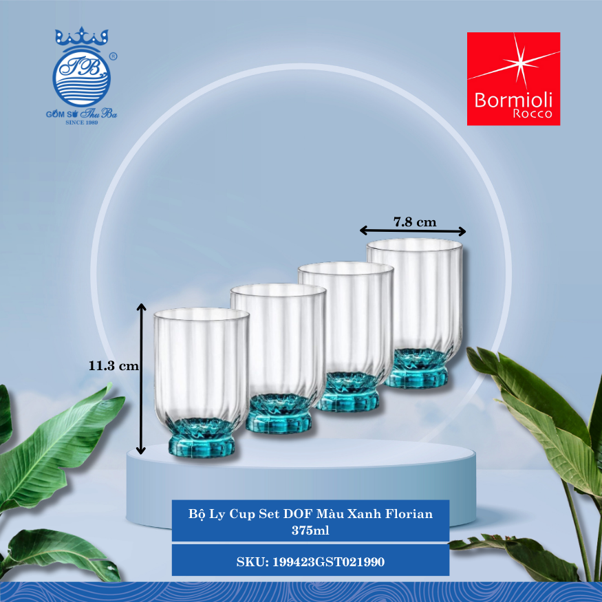 Bộ 4 Ly Florian Màu Xanh Bormioli Rocco Thủy Tinh
