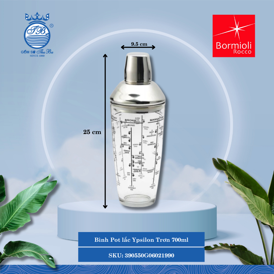 Ypsilon bình lắc thủy tinh 70 CL ØMiệng: 9.5cm 700ml Cao: 25cm 1 Cái/Hộp Bormioli Rocco Thủy Tinh 390550G06021990