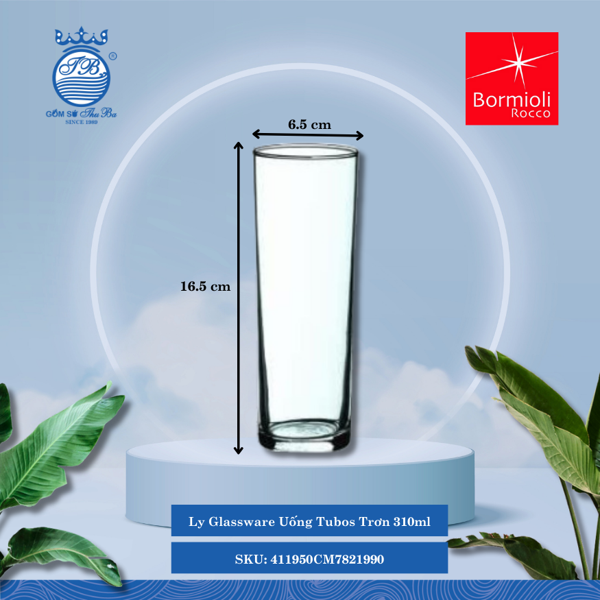 Tubos ly uống thủy tinh 31 CL ØMiệng: 6.5cm 310ml Cao: 16.5cm 6 Cái/Hộp Bormioli Rocco Thủy Tinh 411950CM7821990