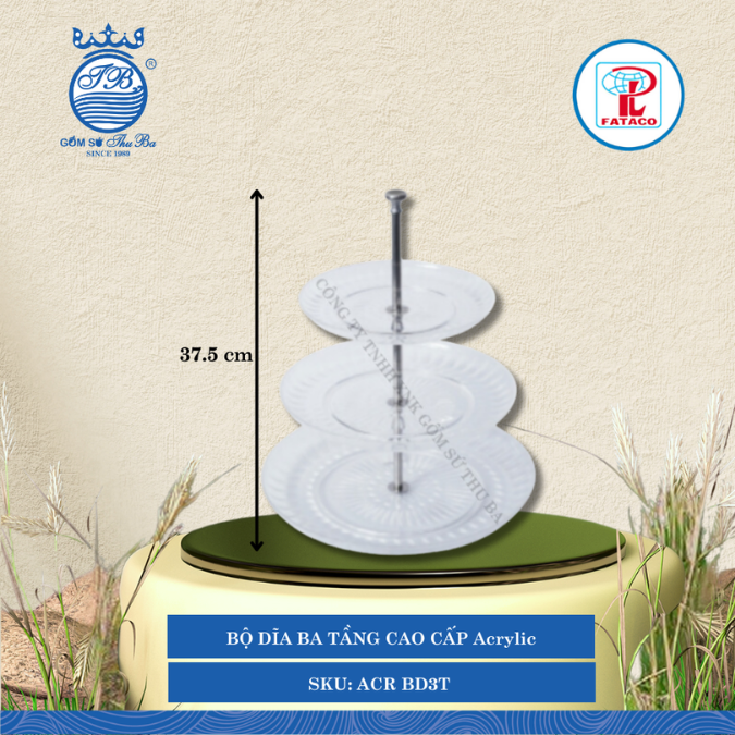 BỘ DĨA BA TẦNG CAO CẤP Acrylic Trắng Cao: 37.5cm Fataco Nhựa ACR BD3T