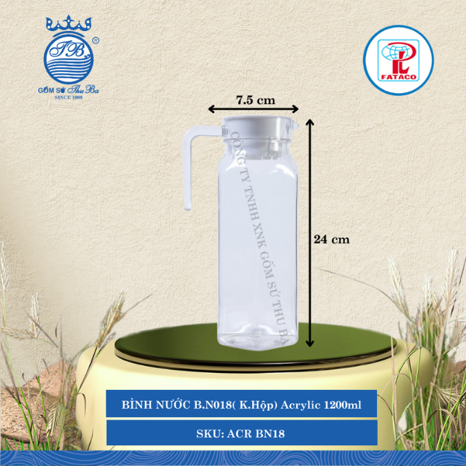 BÌNH NƯỚC B.N018( K.Hộp) Acrylic Trắng Ø: 7.5cm 1,200ml Cao: 24cm Fataco Nhựa ACR BN18