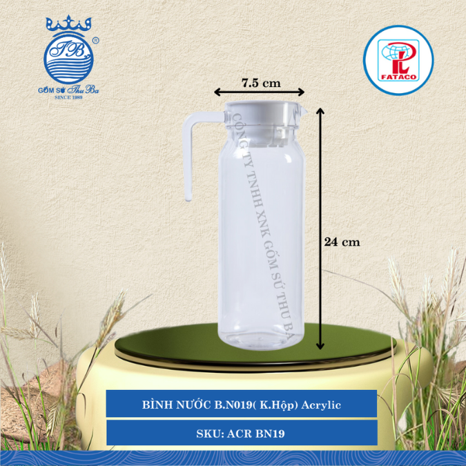 BÌNH NƯỚC B.N019( K.Hộp) Acrylic Trắng Ø: 7.5cm 1,200ml Cao: 24cm Fataco Nhựa ACR BN19