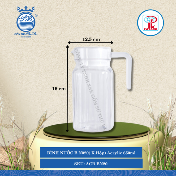 BÌNH NƯỚC B.N020( K.Hộp) Acrylic Trắng 650ml Dài: 12.5cm Rộng: 8.5cm Cao: 16cm Fataco Nhựa ACR BN20