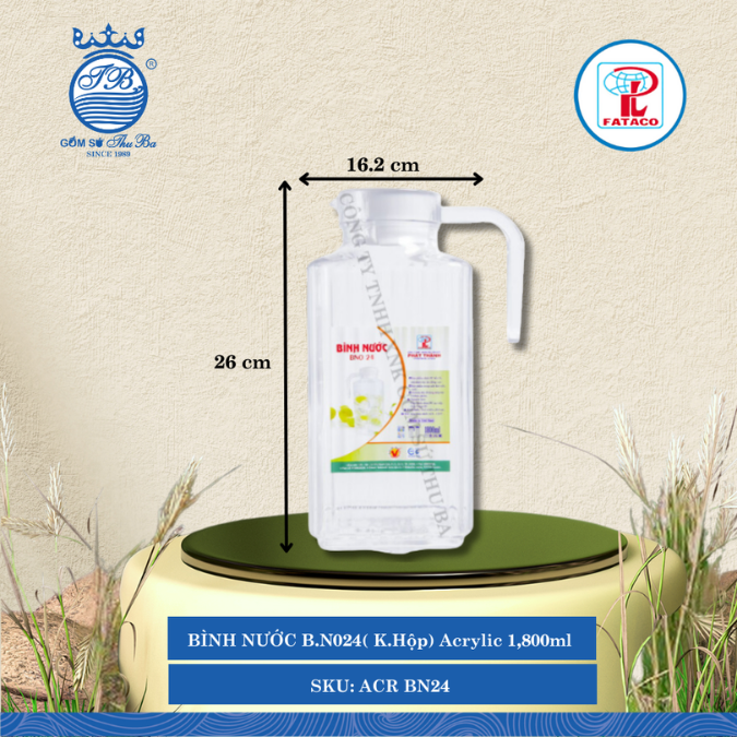 BÌNH NƯỚC B.N024( K.Hộp) Acrylic Trắng 1,800ml Dài: 16.2cm Rộng: 6.8cm Cao: 26cm Fataco Nhựa ACR BN24