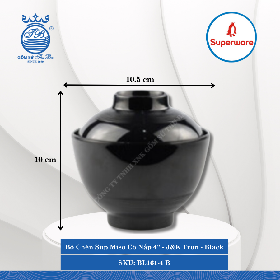 Bộ Chén Súp Miso Có Nắp 4'' J&K Trơn Black (Đen) Ø: 10.5cm 390ml Cao: 10cm Superware Nhựa BL161-4 B