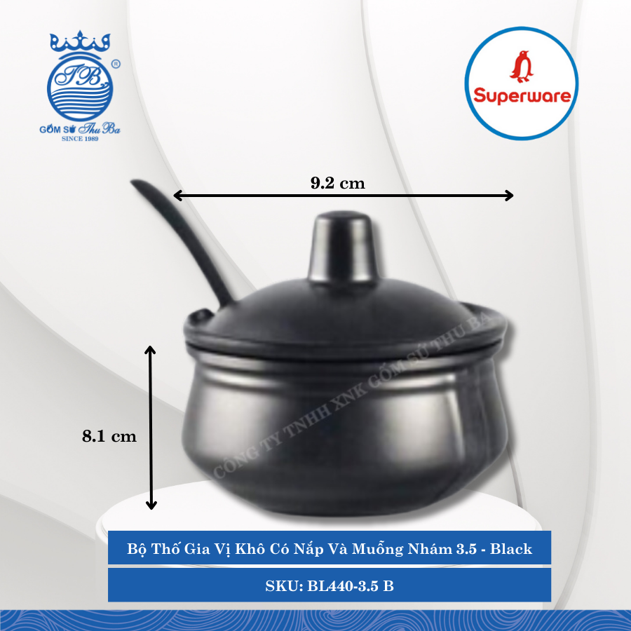 Bộ Thố Gia Vị Khô Có Nắp Và Muỗng Nhám 3.5 J&K Nhám Black (Đen) Ø: 9.2cm 225ml Cao: 8.1cm Superware Nhựa BL440-3.5 B