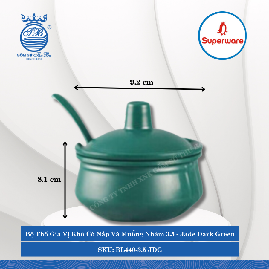 Bộ Thố Gia Vị Khô Có Nắp Và Muỗng Nhám 3.5 J&K Nhám Jade Dark Green (Xanh Bích) Ø: 9.2cm 225ml Cao: 8.1cm Superware Nhựa BL440-3.5 JDG