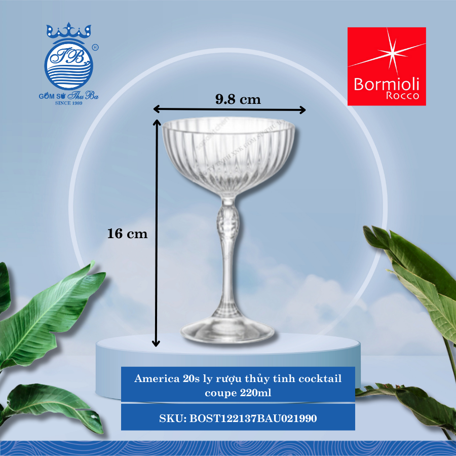 America 20s ly rượu thủy tinh cocktail coupe 22 CL Ø: 9.8cm 220ml Cao: 16cm 6 Cái/Hộp Bormioli Rocco Thủy Tinh BOST122137BAU021990