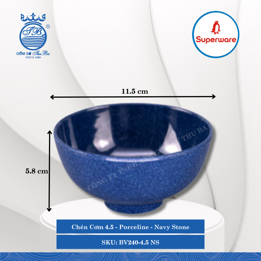 Chén Cơm 4.5 Porceline Navy Stone (Xanh Biển Navy) Ø: 11.5cm Cao: 5.8cm Superware Nhựa BV240-4.5 NS