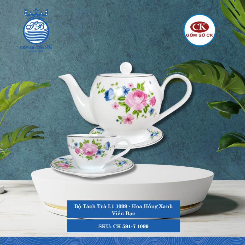 Bộ Tách Trà Hoa Văn 1099 - Hoa Hồng Xanh Viền Bạc CK Sứ CK 591-7 1099