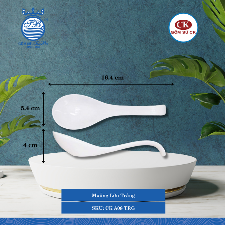 Muỗng Lớn Trắng TRG Dài: 16.4cm Rộng: 5.4cm Cao: 4cm CK Sứ CK A08 TRG