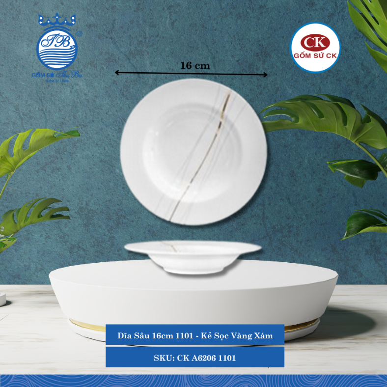 Dĩa Sâu Hoa Văn 1101 Kẻ Sọc Vàng Xám (Nhiều Size) CK Sứ