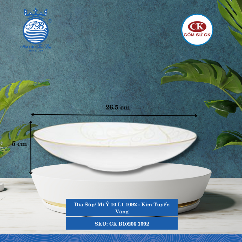 Dĩa Súp/ Mì Ý 10 Hoa Văn 1092 - Kim Tuyến Vàng Ø: 26.5cm Cao: 5cm CK Sứ CK B10206 1092