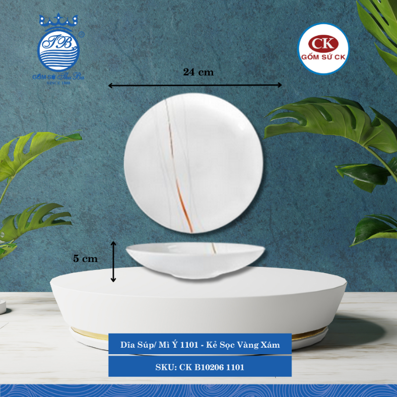 Dĩa Súp, Mì Ý Hoa Văn 1101 - Kẻ Sọc Vàng Xám Ø: 24cm Cao: 5cm CK Sứ CK B10206 1101