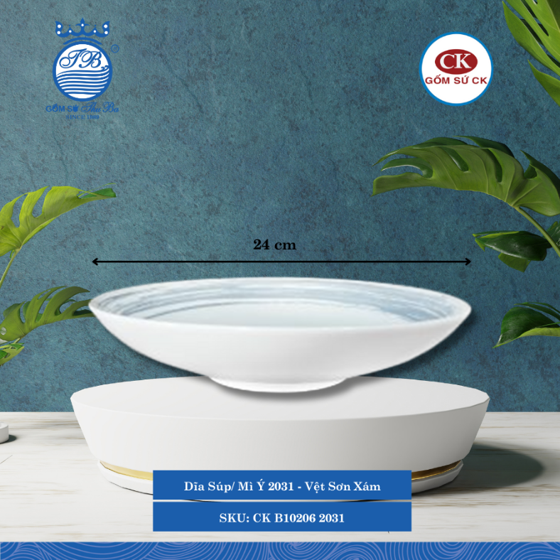 Dĩa Súp/ Mì Ý Hoa Văn 2031 - Vệt Sơn Xám Ø: 24cm CK Sứ CK B10206 2031