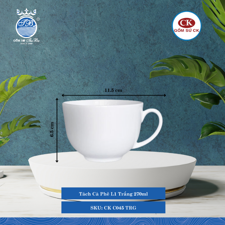 Tách Cà Phê Trắng TRG 270ml Dài: 11.5cm Rộng: 9.5cm Cao: 6.5cm CK Sứ CK C045 TRG