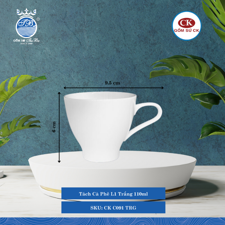 Tách Cà Phê Trắng TRG 110ml Dài: 9.5cm Rộng: 7cm Cao: 6cm CK Sứ CK C091 TRG