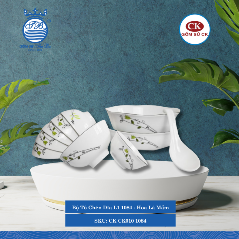 Bộ Tô Chén Dĩa Hoa Văn 1084 - Hoa Lá Mầm CK Sứ CK CK010 1084