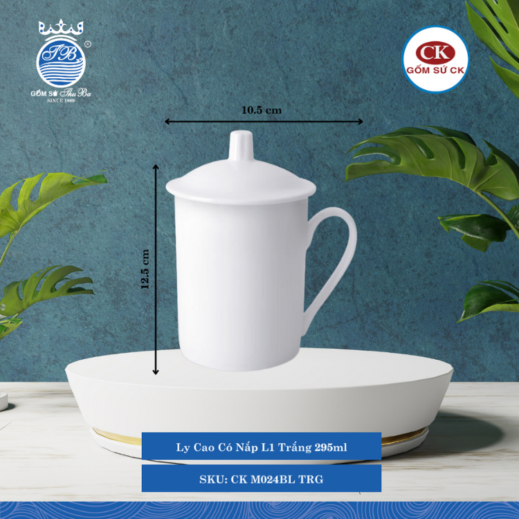 Ly Cao Có Nắp Trắng TRG 295ml Dài: 10.5cm Rộng: 7.5cm Cao: 12.5cm CK Sứ CK M024BL TRG