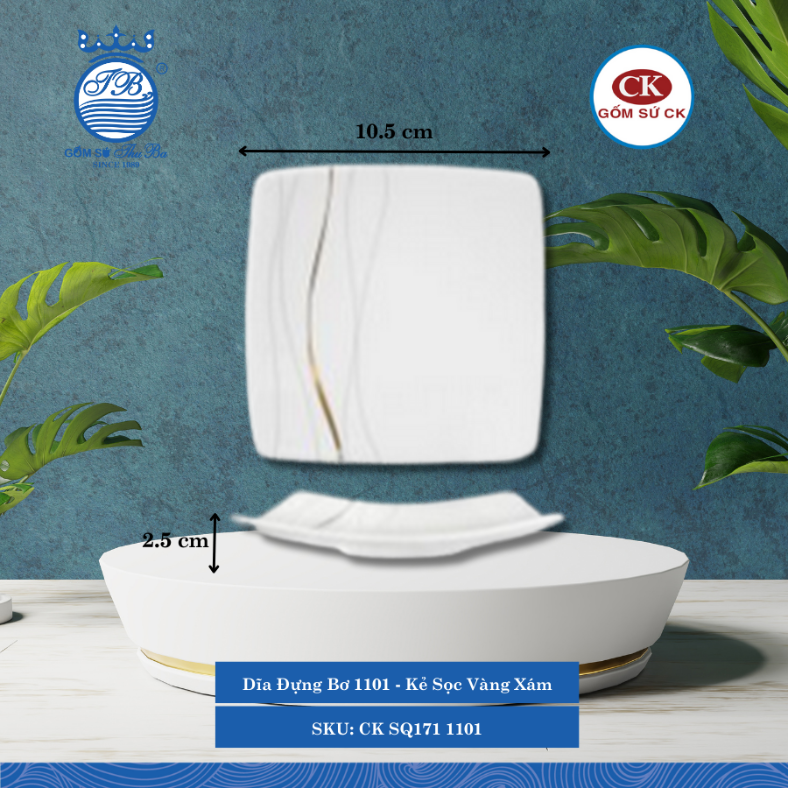 Dĩa Đựng Bơ Hoa Văn 1101 - Kẻ Sọc Vàng Xám Dài: 10.5cm Rộng: 10.5cm Cao: 2.5cm CK Sứ CK SQ171 1101