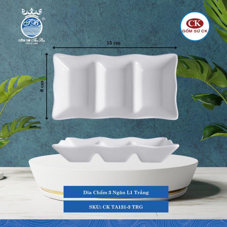 Dĩa Chấm 3 Ngăn Trắng TRG Dài: 15cm Rộng: 8cm Cao: 2.5cm CK Sứ CK TA131-3 TRG