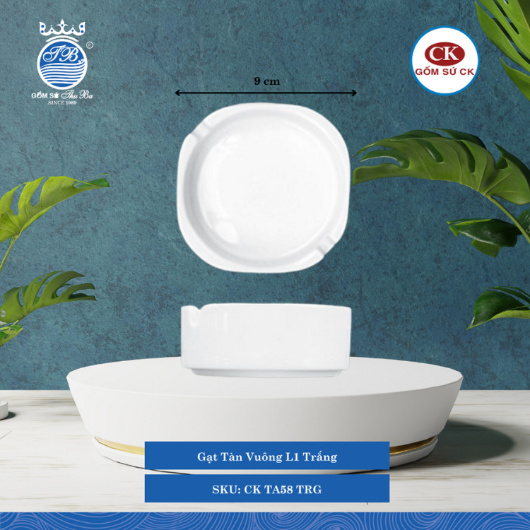 Gạt Tàn Vuông Trắng TRG Dài: 9cm Rộng: 9cm CK Sứ CK TA58 TRG