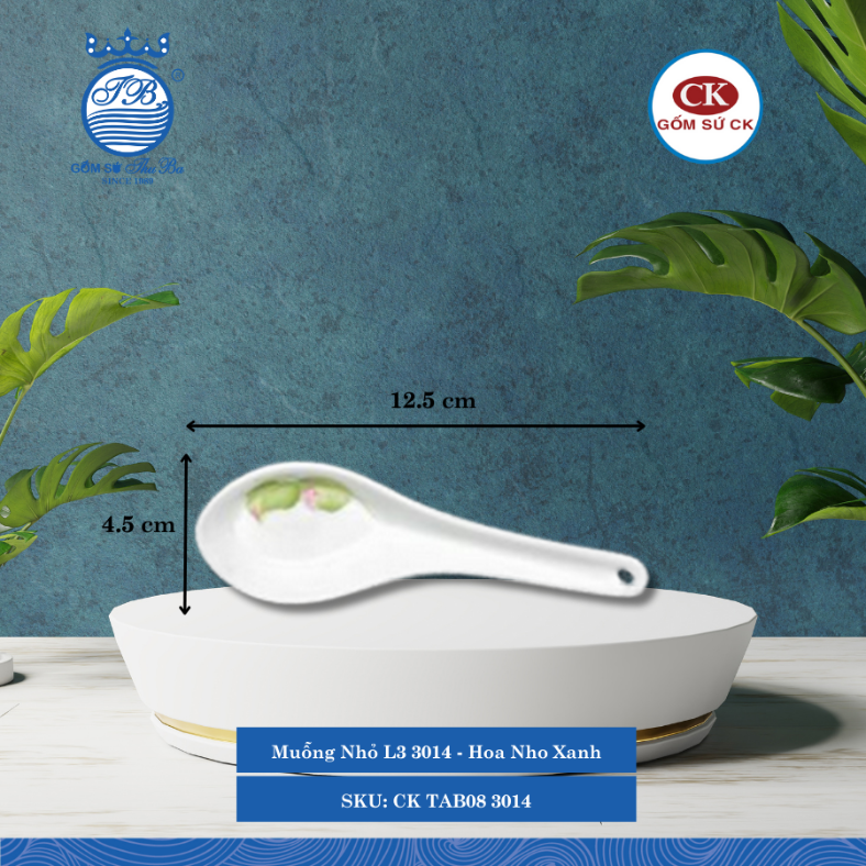 Muỗng Nhỏ Hoa Văn 3014 - Hoa Nho Xanh Dài: 12.5cm Rộng: 4.5cm Cao: 1.5cm CK Sứ CK TAB08 3014