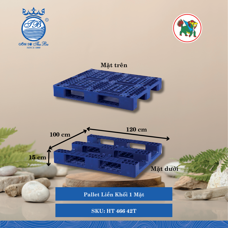 Pallet Liền Khối 1 Mặt Dài: 120cm Rộng: 100cm Cao: 15cm Hiệp Thành Nhựa HT 466 42T (Giao Màu Ngẫu Nhiên)