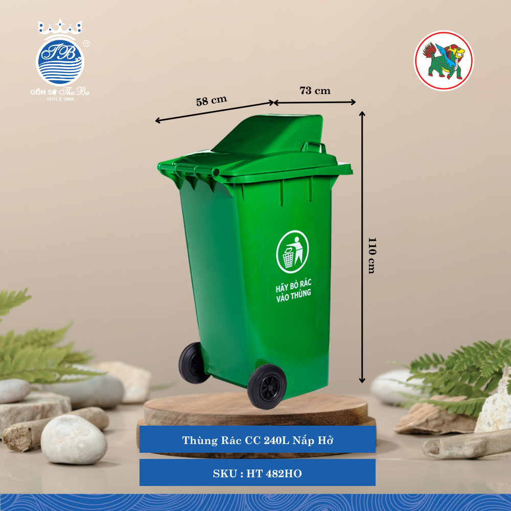 Thùng Rác CC 240L Nắp Hở 240,000ml Dài: 73cm Rộng: 58cm Cao: 110cm Hiệp Thành Nhựa HT 482HO (Giao Màu Ngẫu Nhiên)