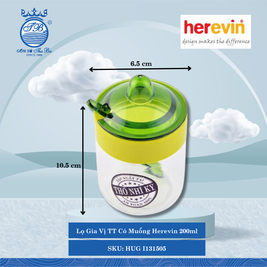 Lọ Gia Vị TT Có Muỗng Herevin 200ml (Giao Màu Ngẫu Nhên) ØĐáy: 5cm ØMiệng: 6.5cm 200ml Cao: 10.5cm 36 Cái/Thùng HUG I131505