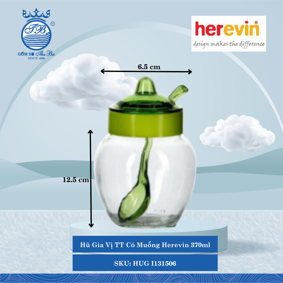 Hũ Gia Vị TT Có Muỗng Herevin 370ml (Giao Màu Ngẫu Nhên) ØĐáy: 8.5cm ØMiệng: 6.5cm 370ml Cao: 12.5cm 36 Cái/Thùng HUG I131506