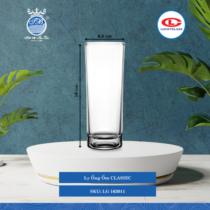 Ly Ống Ốm Đáy Lõm 16Cm CLASSIC HB Ø: 6.2cm 300ml Cao: 16cm 48 Cái/Thùng 6 Cái/Hộp 15Gr. Lucky Glass Thủy Tinh TL Glass Cup LG 163011