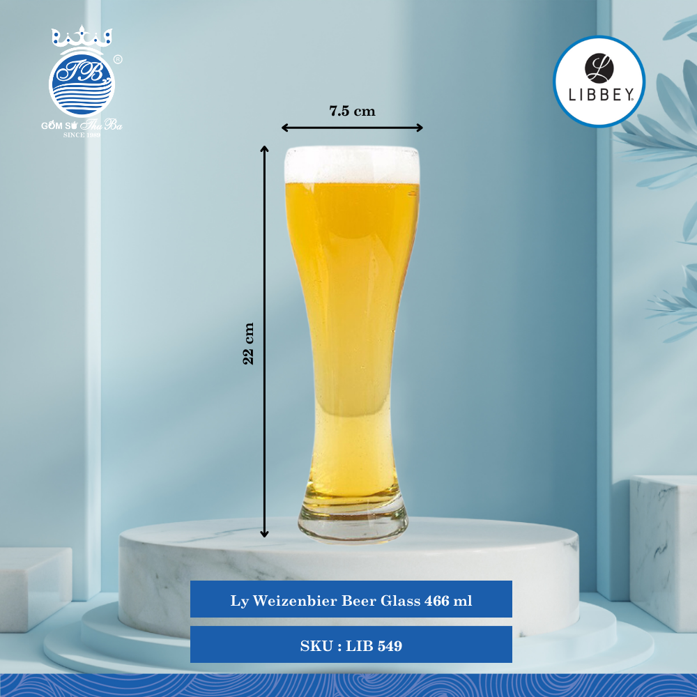 Ly Weizenbier ØĐáy: 6.6cm ØMiệng: 7.5cm 466ml Cao: 22cm 12 Cái/Thùng Libbey Thuỷ tinh CN Glassware LIB 549