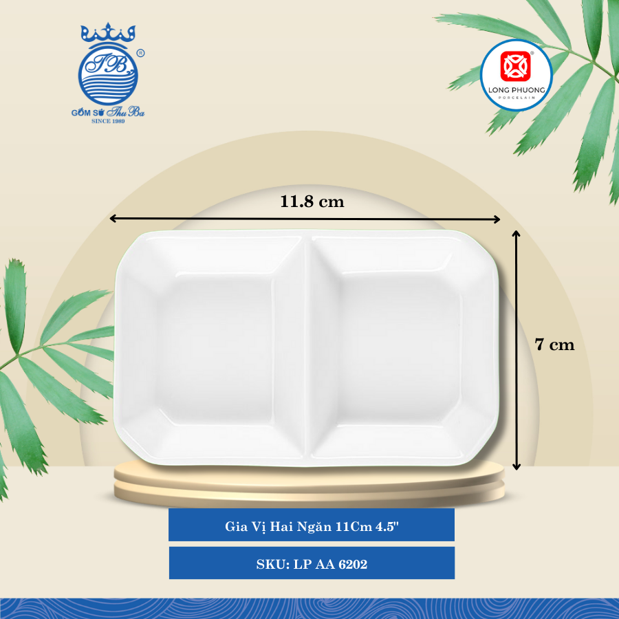 Gia Vị Hai Ngăn 4.5`` Trắng Dài: 11.8cm Rộng: 7cm Cao: 1.7cm 240 Cái/Thùng 120 Cái/Hộp Long Phương Sứ LP AA 6202