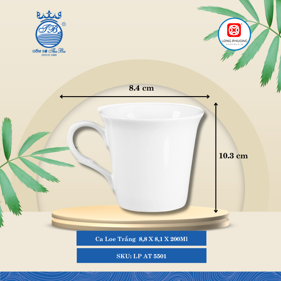 Ca Loe Trắng Trắng Ø: 8.4cm 200ml Cao: 10.3cm 72 Cái/Thùng 12 Cái/Hộp Long Phương Sứ LP AT 5501