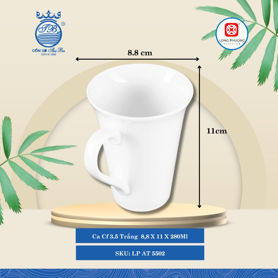 Ca Cf 3.5 Trắng Ø: 8.8cm 280ml Cao: 11cm 48 Cái/Thùng 6 Cái/Hộp Long Phương Sứ LP AT 5502