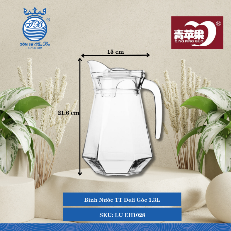 Bình Nước TT Deli Góc 1.3L Ø: 15cm ØĐáy: 8cm ØMiệng: 10.5cm 1,300ml Cao: 21.6cm 12 Cái/Thùng LU EH1028