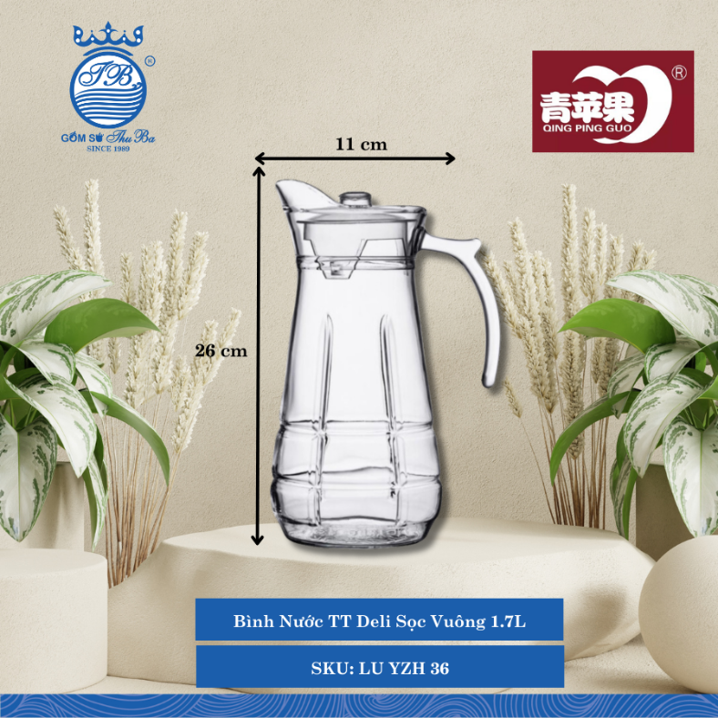Bình Nước TT Deli Sọc Vuông 1.7L ØĐáy: 12cm ØMiệng: 11cm 1,700ml Cao: 26cm 12 Cái/Thùng LU YZH 36
