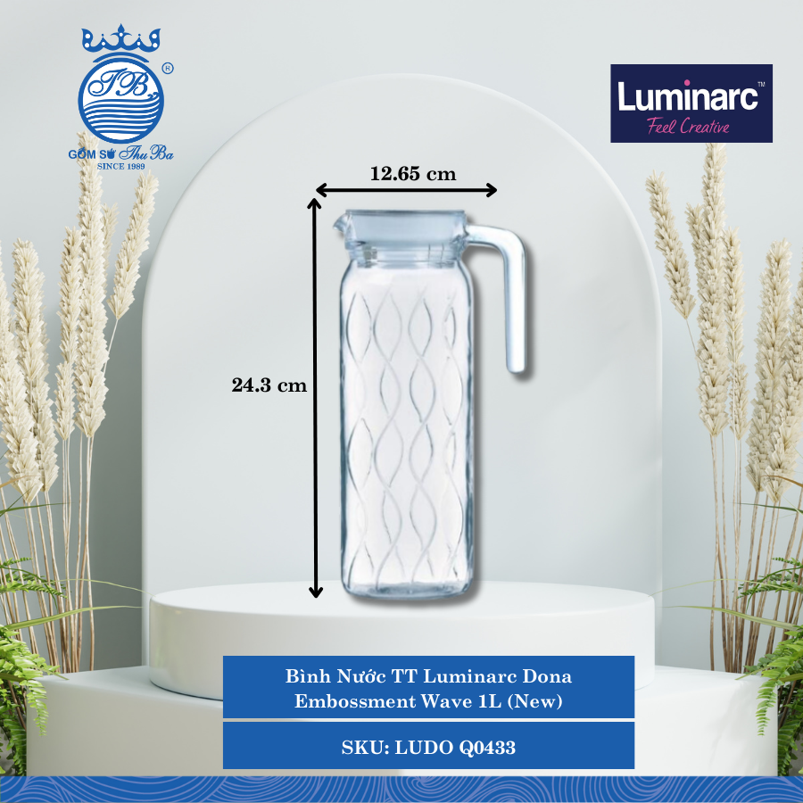 Bình Nước TT Luminarc Dona Embossment Wave 1L (New) Ø: 12.65cm 1,000ml Cao: 24.3cm 6 Cái/Thùng LUDO Q0433