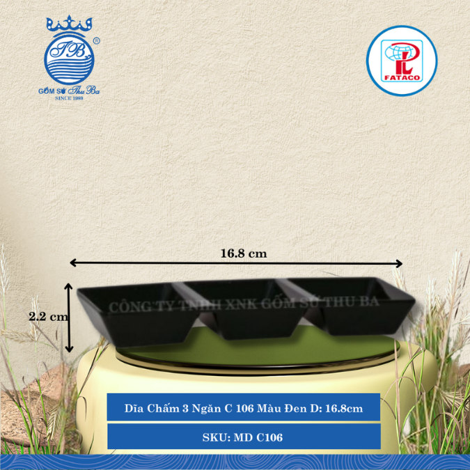 Dĩa Chấm 3 Ngăn C 106 Màu Đen Dài: 16.8cm Rộng: 7.1cm Cao: 2.2cm Fataco Nhựa MD C106