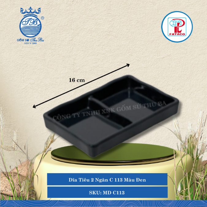 Dĩa Tiêu 2 Ngăn C 113 Màu Đen Dài: 16cm Rộng: 10.9cm Cao: 2.6cm Fataco Nhựa MD C113