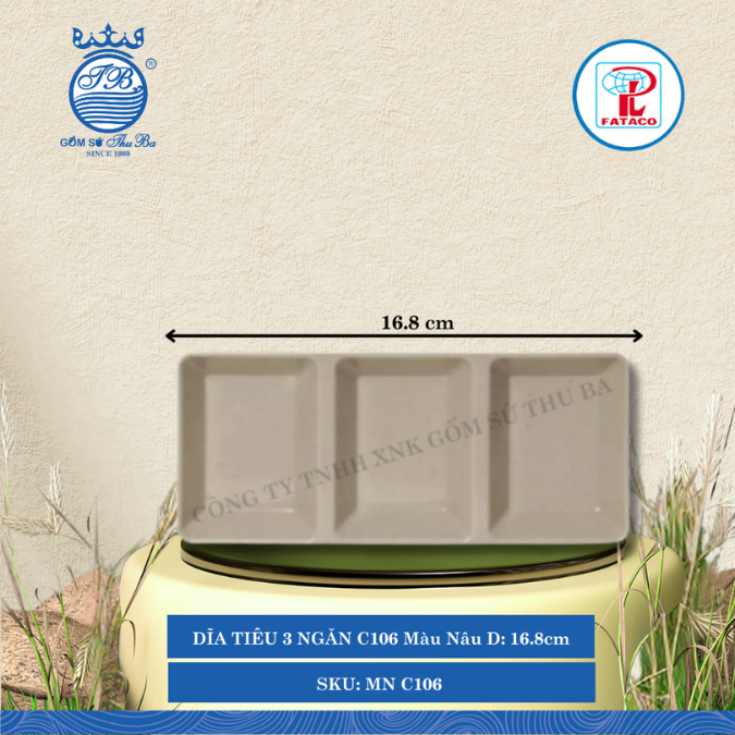 DĨA TIÊU 3 NGĂN C106 Màu Nâu Dài: 16.8cm Rộng: 7.1cm Cao: 2.2cm Fataco Nhựa MN C106